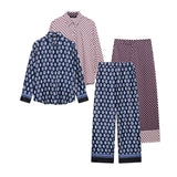 Spring And Summer Print Casual Set Silk-Sense Stitling Long-Sleeved Single-D Row Loose Shirt High-Waisted Trousers Woman