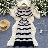 Light Luxury High-Striped Knitted Dress Women's Summer V-Neck Hollow Thin Airable Design Design Long Dress