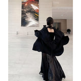 High-End Feel-Dew Back Drawstring Long-Sleeved Sunscreen Shirt Mesh Splicing Sling Long Skirt Two Sets