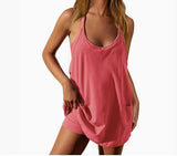 2025 Summer Solid Sleeveless Dress Fine Shoulder Strap Vest Skirt Sports Skirt Pocket