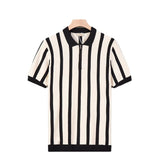 Trendy Summer Short-Sleeved Men's Korean Version Of Retro Striped Personality Zipper Half-Sleeved Knitted Shirt Casual T-Shirt Man's Tide