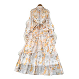 French Dress Women 2025 New Fashion Collar Single Buckle Waist Lace Splicing Lotle Side Print Dress
