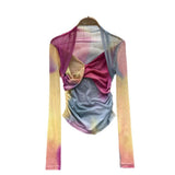 Spice Girls Tie-Dye Mesh Jersey Long-Sleeved T-Shirt Girl Thin Perspective Temperament Fashion Folding Top