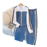 Fashion Zippered Cowboy Splicing Two Sets Of Spring And Autumn 2025 New Cowboy Splicing Long Sleeve Tops Wide Leg Trousers
