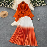 Miyajie Wrinkled Butterfly Sleeve Gradient With Shawl Short Coat Top + Gradient 100 Folded Skirt Two-Piece Suit