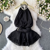 Spring And Summer 2025 New Products Hanging Neck Bare Back Texture Crippling Poneng Dress To Close The Waist Tie Sweet Holiday Wind