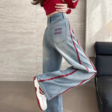 Embroidered Broad-Legged Jeans Women's Spring And Autumn 2025 Hit High-Waisted Loose Design Sense Spliced Straight Straight Trousers