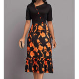 2025 Long-Waisted Temperament Commuter Black Dress Set Short-Sleeved Printed Dress