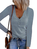 2025Wish Autumn New Women's Button Vest Solid Color V-Neck Long-Sleeved T-Shirt Top