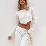 Spring New Women's Clothing Loose Ribs Long-Sleeved Umbilly Fashion Short Sweater Woman