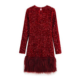 Women's Clothing Spring 2025 New Glit Decorative Feathers Spliced Long-Sleeved Mini Dress