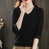 V-Neck Seven-Sleeved T-Shirt Women's Mid-Sleeve Top Ice Knitted Shirt Thin Mother Spring T-Shirt Elegant