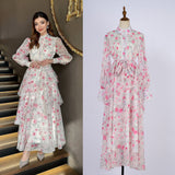 French Dress Women 2025 New Fashion Collar Single Buckle Waist Lace Splicing Lotle Side Print Dress