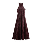 2025 Spring Women's Waist Cover Hanging Neck Sleeveless Long Fan Flute Dress