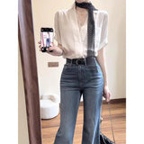 2025 Summer French White Lace Stitching Design Shirt Women Commuting Micro-Rave Jeans Two-Piece Set