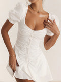 2025 New Women's White French Sexy Short Dress V Neck Bubble Sleeve Summer Dress