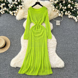 Korean Slebock Crochet Dress Women's Waist Show Thin Sleeve Skirt Inside The Bottom Sling Skirt Two Sets
