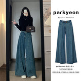 Hong Kong Style Retro Blue A Word Big Horn Jeans Women Autumn And Winter High-Waisted Loose Lazy Feet Long Pants
