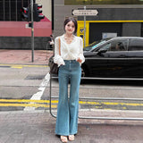 Water Wash Light Blue High Waist Slim Slim Skinny Micro-Horn Jeans Women Spring And Autumn New Small Horses Hoes Long Pants