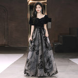 Black Glid Evening Dress Light Luxury Small Chinese Feng Shui Ink Painting Annual Dress Birthday Host Performance Dress Dress