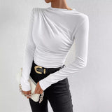 2025 Solid Color Trim Bottom Shirt Folding Design Long-Sleeved T-Shirt Lady Top