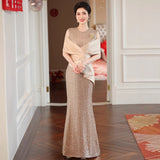 2025 New Temperament Long-Term Cash Waist Fishtail Skirt Wedding Dress Elegant Gold Squine Mother Dress