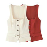 Buckle Decoration Collar Low-Breast Vest Vest 2025 Summer Temperament Flipped To Repair Short Coat Woman