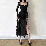 2025 Autumn And Winter New Women's Mesh Yarn Leaves Side Of The Niche Design Feeling Long-Sleeved Square Collar Dress
