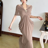 2025 Summer Fashion Trend Women's New V-Necked Bare Back Mesh Splicing Body And Hip Dress