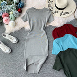 Short-Sleeved Solid-Color Temperament Round-Neck Knitted Tight Skirt Dress Bag Hip One-Step Skirt Dress Mid-Long Model