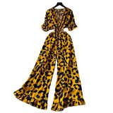Summer Dress Holiday Wear Chic Light Leisure V Collar Short Sleeves Tight Waist High Waist Thin Leg Print Jump Trousers
