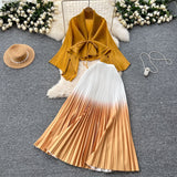 Miyajie Wrinkled Butterfly Sleeve Gradient With Shawl Short Coat Top + Gradient 100 Folded Skirt Two-Piece Suit