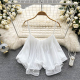 2025 Summer Korean Version Of The New Loose Lotus Leaf Side Shoulder Double Sleeveless Sleeveless Sling Sling Vest Female Wear