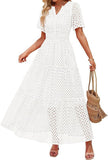 2025 Women's V-Neck A-Shaped Hollow Lace Cake Dress
