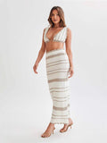 Striped Two Sets Of Women's Knitted Slings Wrapped Breasts Skirt Dress Fashion Suit
