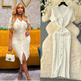 Elegant Little Scent Retro V-Neck Metal Single-D Row Buckle Slimming Temperament Knitted Dress Spring