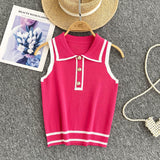 Minimalist Style Striped Knitted Sleeveless Vest Women's Summer Collar Slimming Design Chic Beautiful Little Man Top