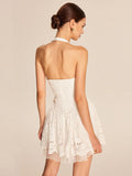 2025 New Women's White Lace Dress French Sleeveless Hanging Neck V-Neck Dress