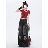Fat Mm Cool Hole Jeans Female Large Size Street Personality Babes Tied Loose Thin Leg Trousers