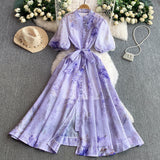 Court-Style Retro-Print Collar Bubble-Sleeved Dress Women's Summer Straps To The Waists To Show A Thin Swollen Dress