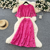 French High-End Squeal Hook Lace Set Women's Summer Fashion Short Horn Sleeve Shirt High Waist Half-Dress