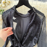 Black Dress Dress Women Autumn And Winter High-Grade Smense Diamond Lily Lightened Waist Temperament Velvet Dress 0646