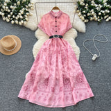 With Belt Dress 2025 Summer To Collect Thin Temperament French Retro Short-Sleeved Print Dress