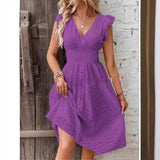 Summer New Lotus Leaf Sleeve Elegant Thin V-Neck Women's Fashion Fashion Hollow Dress Dress Women