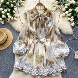 Spring Dress Women's Neckline Bow Tie With Lantern Sleeve Lace Splicing Bright Face Chiffon Skirt Skirt Skirt