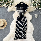 Korean Chic Summer Dress Niche Retro Polo Collar Short-Sleeved Striped Dress Female Waist Temperament Open Long Dress