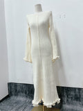 Autumn New Women's Pure-Colored Round-Neck Long Sleeves To The Wooden Ear Dress