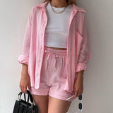 2025 Women's Wrinkle Collar Long-Sleeved Shirt High-Waisted Rope Shorts Fashion Casual Two-Piece Set