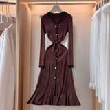 High-Level Small-Sized Famous Woman Hit The Color V-Neck Long Sleeve Single Buckle Waist Knitted Dress Women With Fish Tail