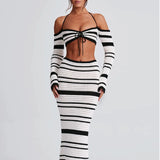 2025 New Hottie Women's Suit Summer Striped Long-Sleeved Hanging Neck Top Skirt Two-Piece Women